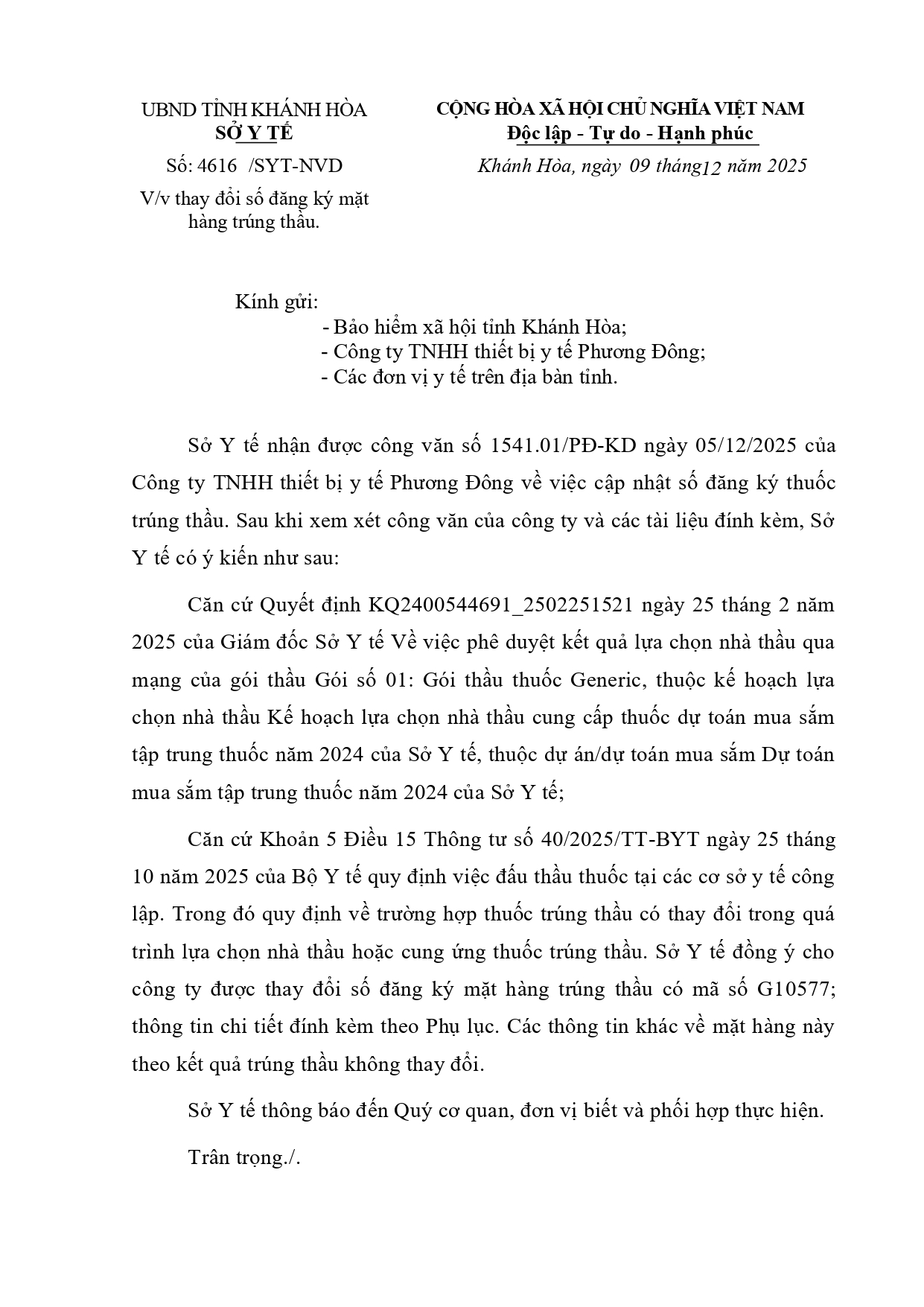 V/v thay đổi số đăng ký mặt hàng trúng thầu.